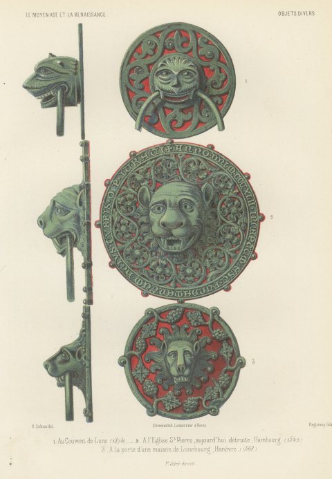 Lion Head Door Knockers, Lüneburg and Hamburg, Antique Print, 1851