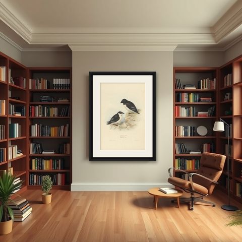 Antique Bird Print of the Little Auk by Gould, 1832, shown framed in a room