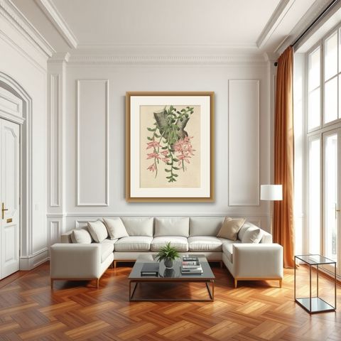 Orchid Elegance: Huge Exquisite Chromolithograph of the Dutch Colonial Era, 1854, shown framed in a room