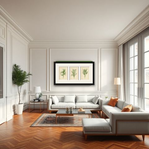 Antique Botanical Prints of Curly Palm, Spiny Date Palm & Trachycarpus, c.1897, shown framed in a room