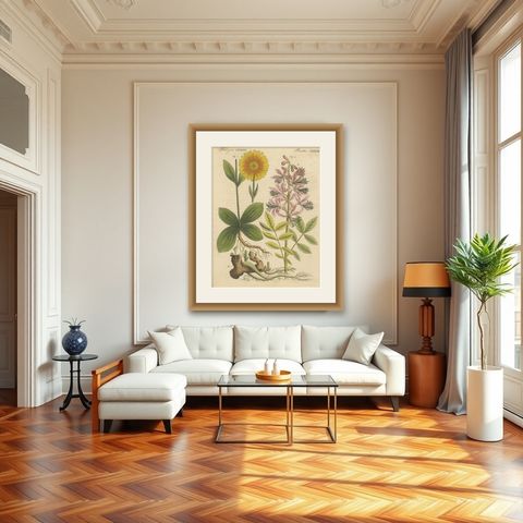Antique Botanical Engraving, Yellow Flower & Pink Bladder Senna, Pflanzen CXXXV, shown framed in a room