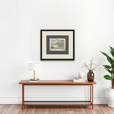 Antique Hunting Print of a shot at Brent Geese, circa 1863, shown framed on a wall