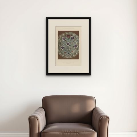 Persian-Turkish Faience Plate with Carnation Motif, Julius Lessing, Berlin 1890, shown framed on a wall