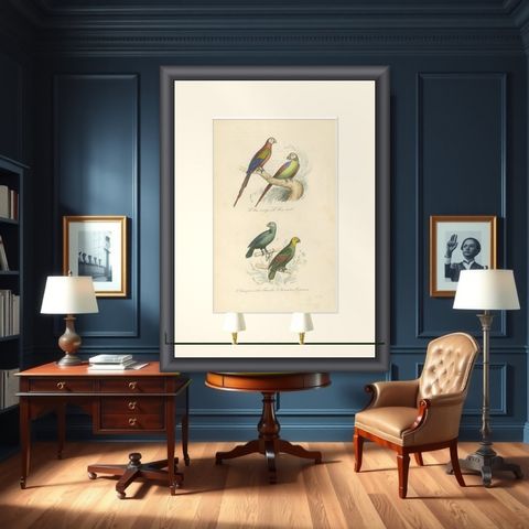 Antique Bird Print of the Red Macaw, Green Macaw and Other Parrots, shown framed in a room
