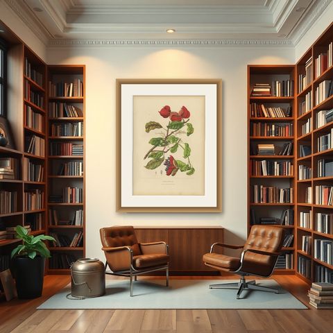 Original Antique Botanical Chromolithograph of Chinese Sterculia, c. 1880, shown framed in a room