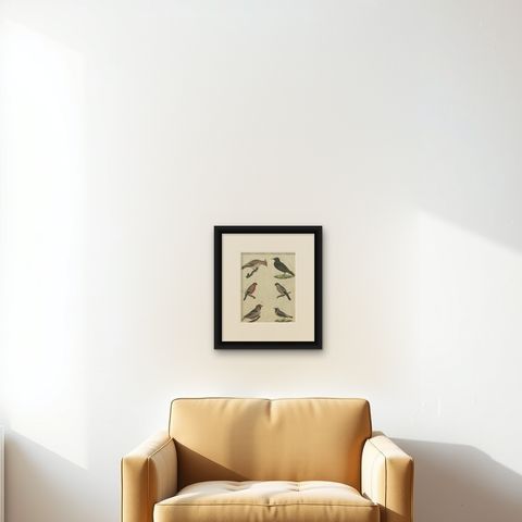 Elegant European Birds: 1805 Handcolored Engraving from Bertuch's Masterpiece, shown framed on a wall