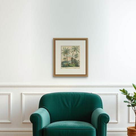 Antique Date Palm & Coconut Botanical Scene, Phoenix & Cocos, c.1831, shown framed on a wall