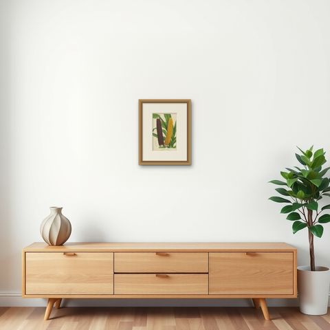 Vibrant Varieties: Showcasing Red and Yellow Maize in Botanical Art, c. 1875, shown framed on a wall