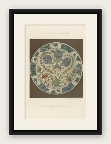 Persian-Turkish Faience Plate with Tulip and Artichoke Motif, J.Lessing, 1890, shown framed