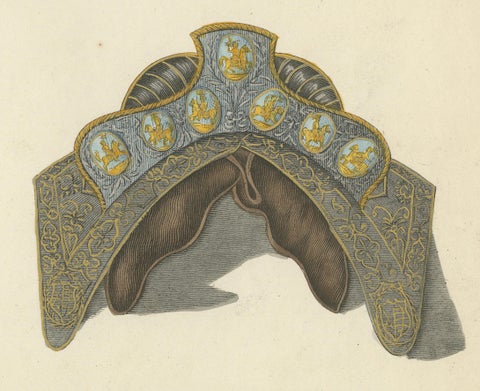 Hand-Coloured Lithograph of Ornate Medieval Horse Saddles and Stirrups, 1842, close-up 1