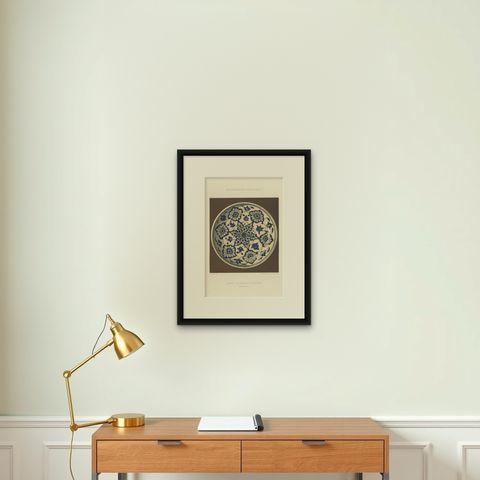 Damascus Faience Plate with Blue Floral Ornament, Julius Lessing, Berlin 1890, shown framed on a wall