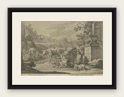 Pastoral Engraving by Johann Jakob Kleinschmidt: Shepherd, Cattle, and Ruins, shown framed