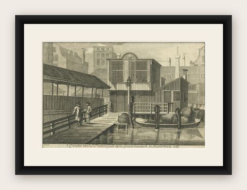 Antique Print of the 'Damrak' Near the Fish Market in Amsterdam, circa 1770, shown framed