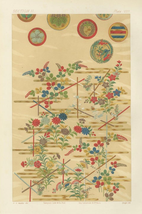 Japanese Floral Motifs on Golden Background: Antique Lithograph, 1880s, close-up 6