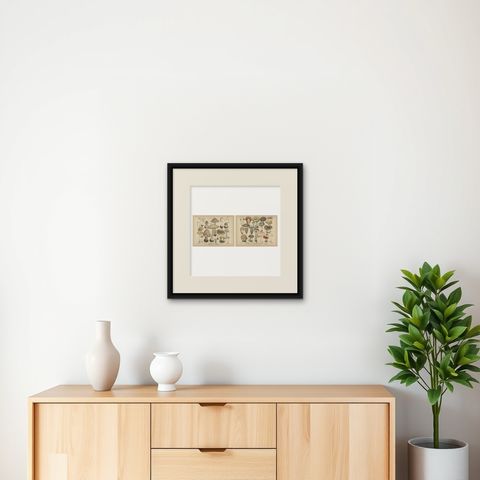Parasol & Boletes Mushrooms, Antique Botanical Lithograph Set, 1885, shown framed on a wall
