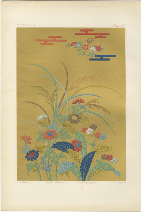 Japanese Floral Meadow on Golden Backdrop: Antique Lithograph, 1880s, view 2