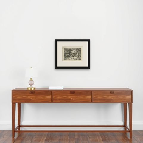 Original Antique Print of a Lion and Donkey hunting, shown framed on a wall