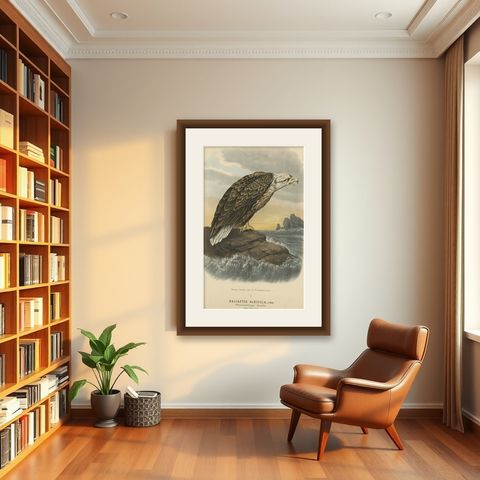 Bird Print of the White-Tailed or Grey or Eurasian Sea Eagle, 1894, shown framed in a room