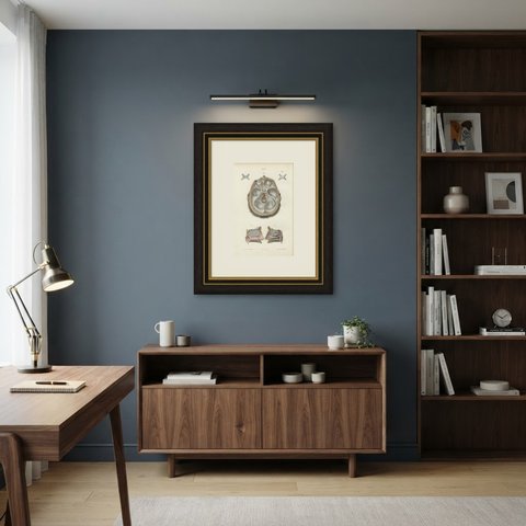 The Olfactory Nerves and Optic Chiasm, Antique Hirschfeld Anatomy Print, 1866, shown framed in a room