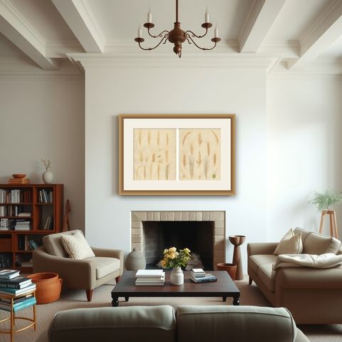 Antique Grain Studies, Wheat Varieties Botanical Lithographs, Calwer 1852, shown framed in a room