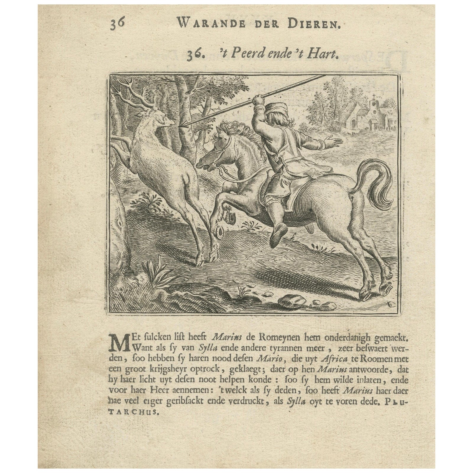 1617 Horse and Deer Engraving by Vondel, Warande der Dieren