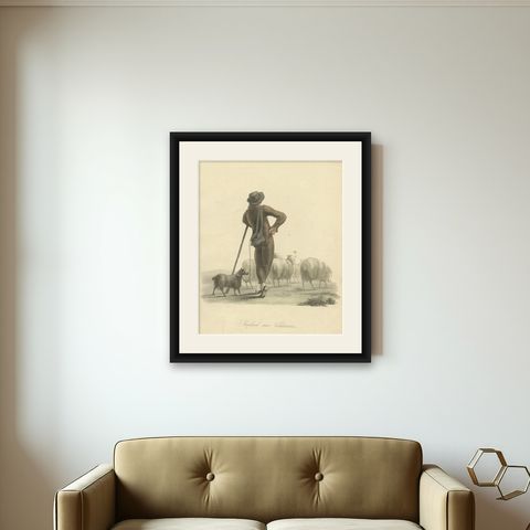 Antique Print of a Shepherd Boy with Sheep Near Valenciennes, 1817, shown framed on a wall