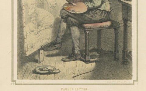 Paulus Potter, Dutch Animal Painter at Work, Hand-Colored Lithograph, ca.1850, close-up 2