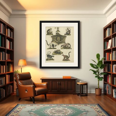 Hand Colored Antique Print of Lemurs and the extinct Mauritian Flying Fox, 1820, shown framed in a room