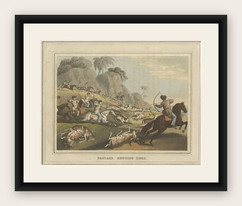 Decorative Hand-Colored Antique Print of Tartars Hunting Deer in Russia, 1813, shown framed