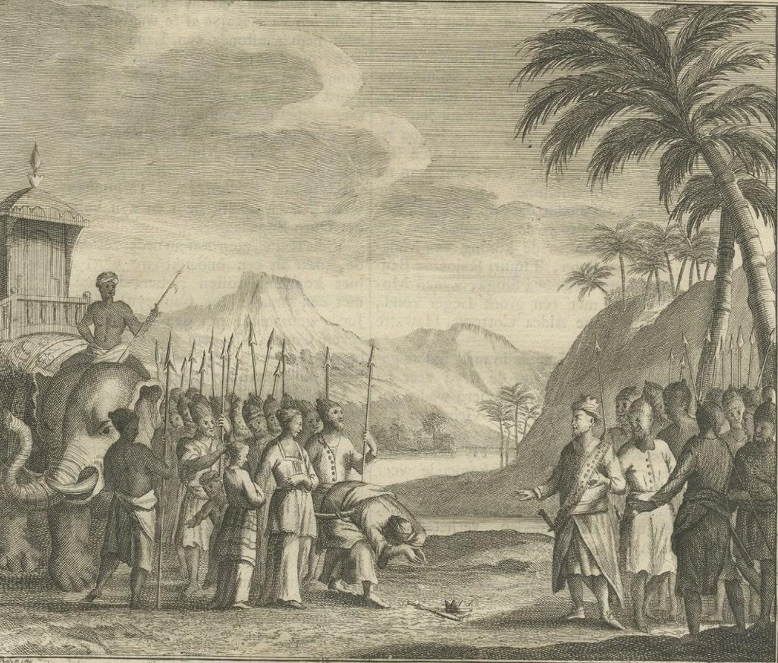 Antique Print of Figures and an Elephant on Ceylon, 1726