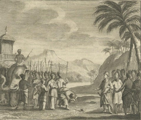 Antique Print of Figures and an Elephant on Ceylon, 1726