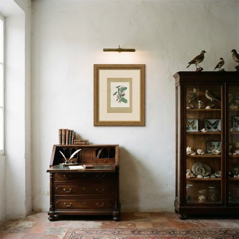 Tanagers and Euphonias on a Papaya, Brazilian Bird Print, Descourtilz, 1944, shown framed in a room