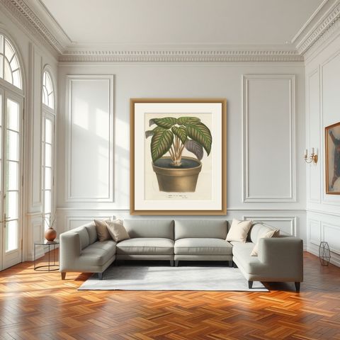 Regal Prayer Plant: Hand-Colored Lithograph by Louis van Houtte, 1855, shown framed in a room