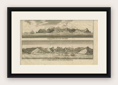 Antique Print of Cumberland Bay and Juan Fernandez Island by Anson, 1749, shown framed