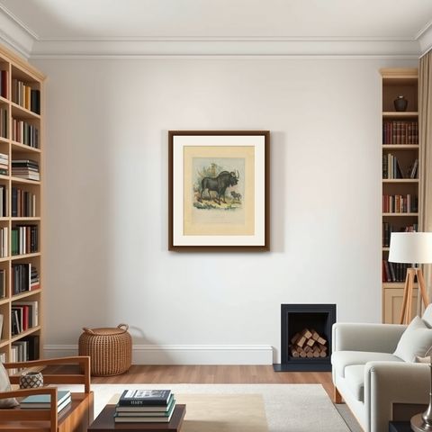 Antique Animal Print of a Gnu or Wildebeest, shown framed in a room
