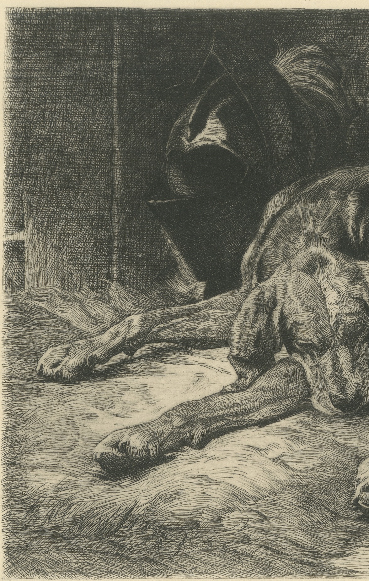 Sleeping Hound with a Plumed Helmet, Antique Etching by W. Wise, circa 1880, view 3