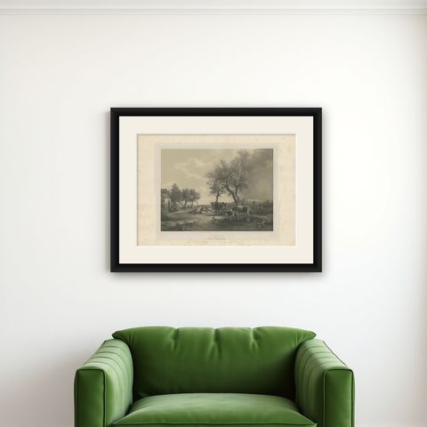 Antique Print of a Pasture with Cattle by Neumann 'c.1860', shown framed on a wall