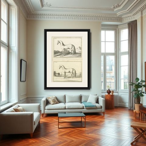 Set of 2 Antique Horse Prints: l'Arabe & Le Barbe, 1739, shown framed in a room
