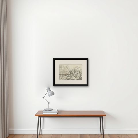 Original Antique Print of Fox Hunting in England, 1817, shown framed on a wall