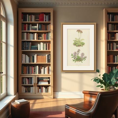 Scottish Primrose and Alpine Thyme hand coloured botanical print 1874, shown framed in a room