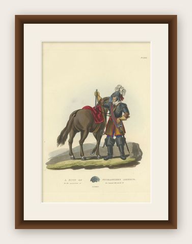 Antique Print of Cuirassier's Armour with Horse, 1842, shown framed