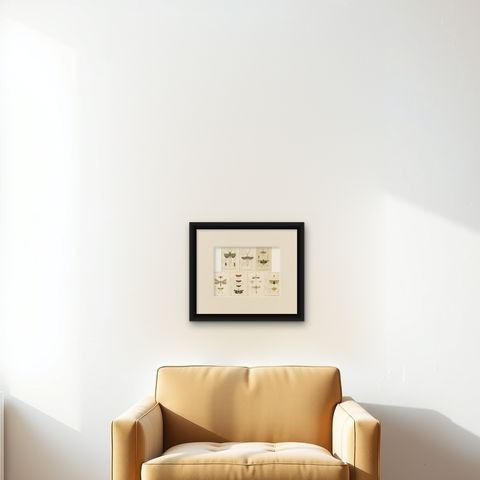 Set of 7 Antique Prints of a Grasshopper and other Insects, shown framed on a wall