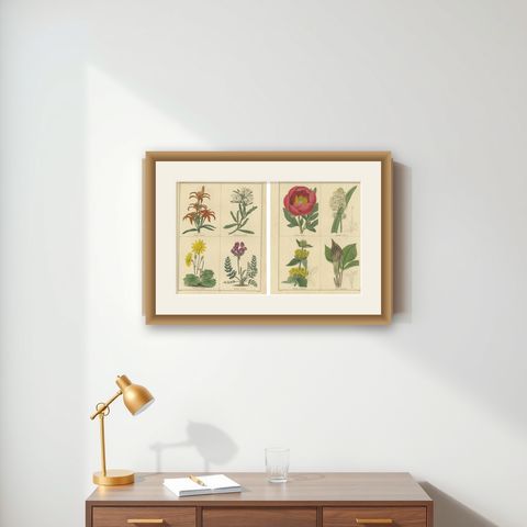 Pair of Rare 1836 Botanical Flower Prints by B. Maund, London, shown framed on a wall