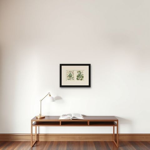 Antique Nut & Tree Botanical Chromolithographs, Walnut & Chestnut, Calwer 1854, shown framed on a wall