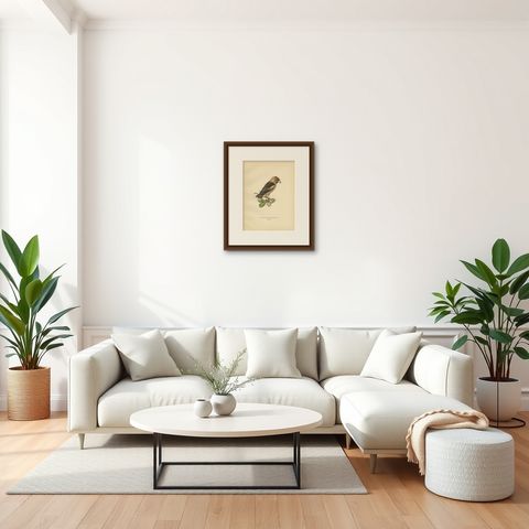 Antique Bird Print of the Hawfinch by Von Wright, 1927, shown framed in a room