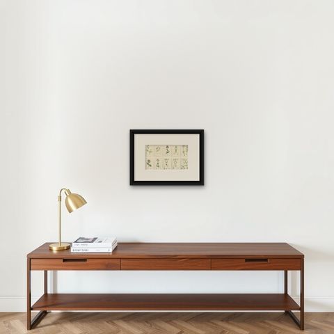 Set of 10 English Botanical Prints 1902, Valerian & Lamb’s-Lettuce, shown framed on a wall