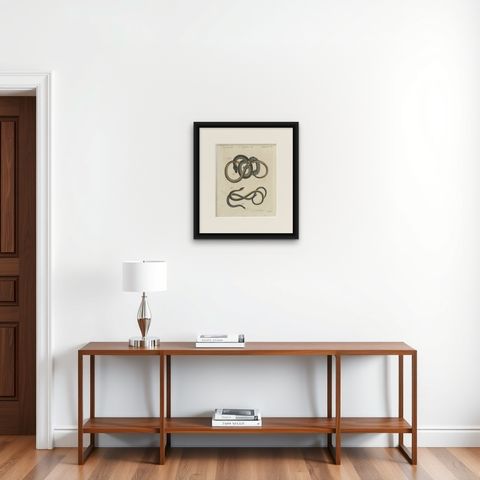 Four Snakes in Colourful Coils, Antique Bertuch Print, Vienna, circa 1805, shown framed on a wall