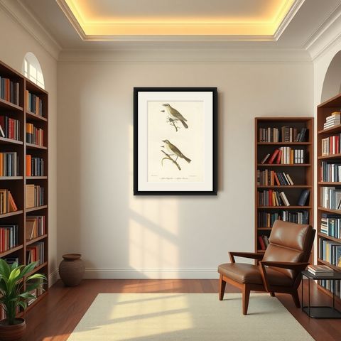 Stunning Handcolored Old Bird Print of the Willow Wren & Icterine Warbler, 1832, shown framed in a room