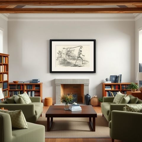 Antique Print of the Encounter with a Black Snake, shown framed in a room