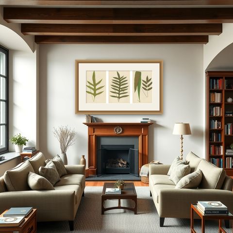 Antique Victorian Fern Botanical Prints, Polypodium Decorative Study Set 1856, shown framed in a room